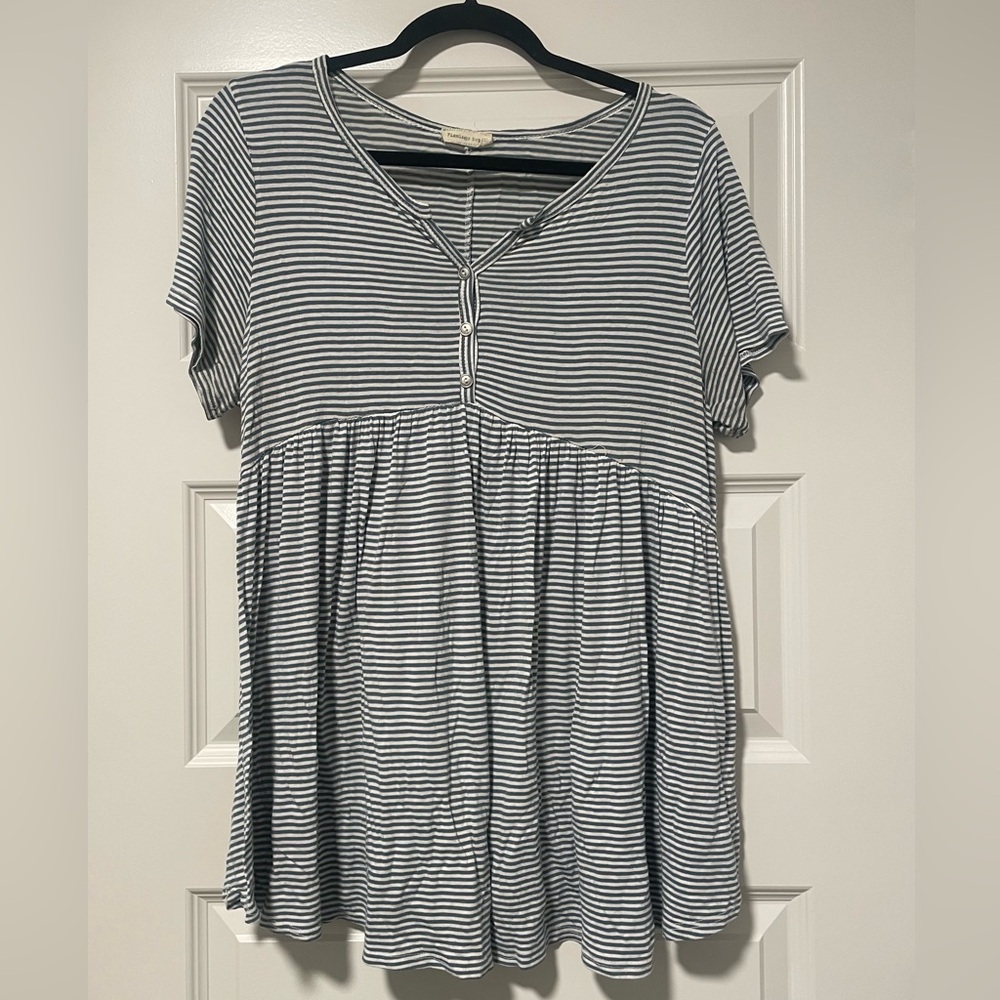 Flamingo Urban Blue and White Striped Short Sleeve Peplum Top